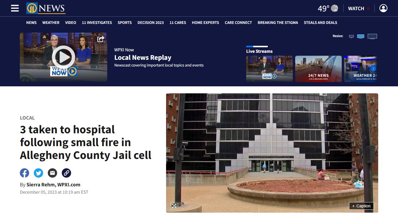 3 taken to hospital following small fire in Allegheny County Jail cell ...